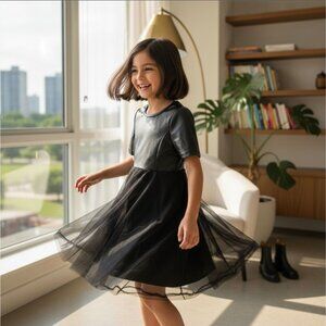 Girls Black Vegan Leather & Tulle Dress ✦ Fabkids L ✦ Pink Zip ✦ Partywear ✦ EUC